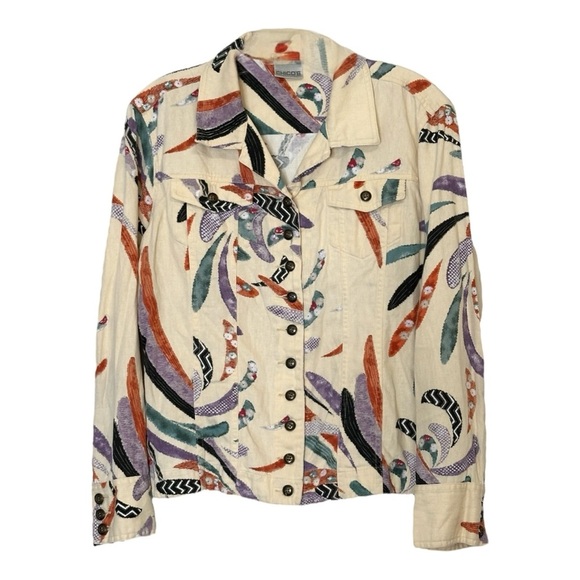 Chico’s Abstract Print Button Front Jacket Linen Cotton Blend Size 2 (L/12) - Picture 2 of 8